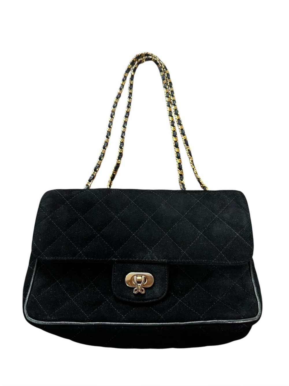 Vintage Jay Herbert Black Suede Quilted Shoulder Bag w Double Gold/Black Straps
